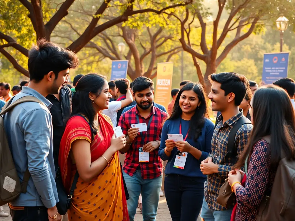 A group of Indian students networking at a barflow.fun community event, exchanging business cards and discussing career opportunities in the tech industry.