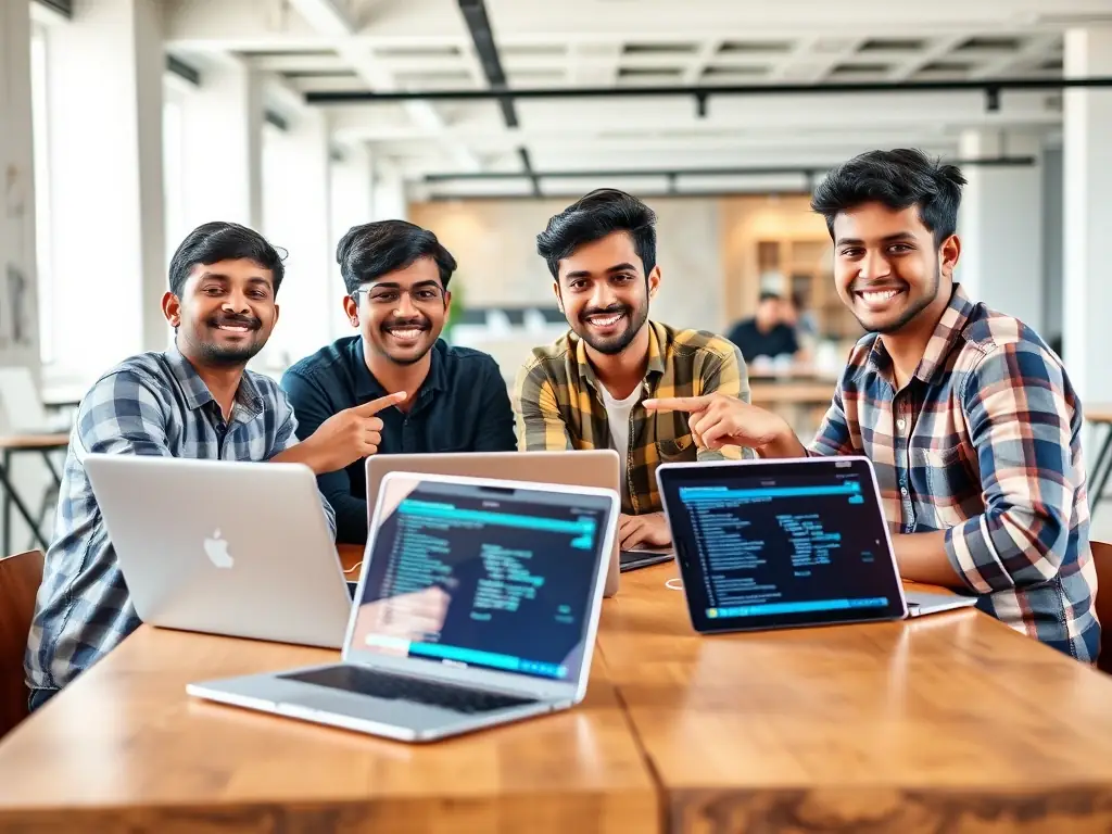 A diverse group of students collaborating on a coding project in a brightly lit, modern co-working space. Laptops are open, and they are pointing at the screens and discussing the code.