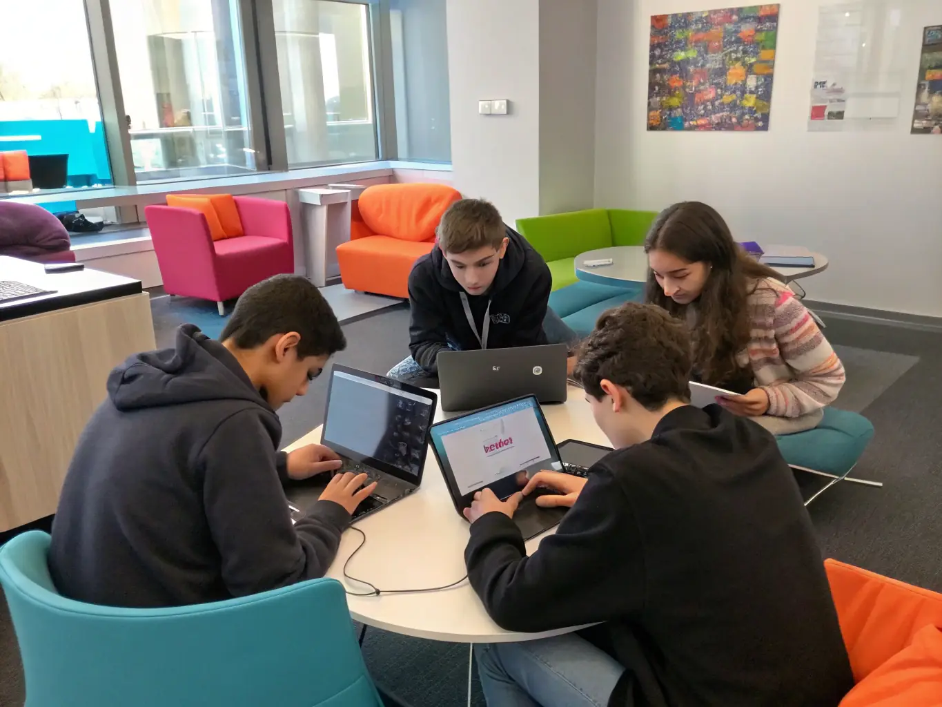 A diverse group of students collaborating on a coding project in a brightly lit, modern co-working space, fostering a sense of teamwork and shared learning.