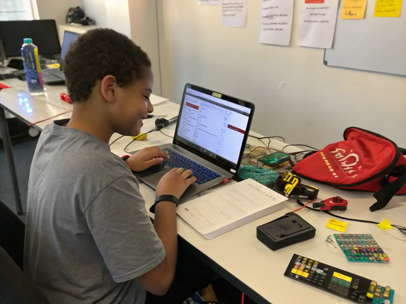 A student enthusiastically coding on a laptop, surrounded by learning resources, representing the Web Development track at barflow.fun.
