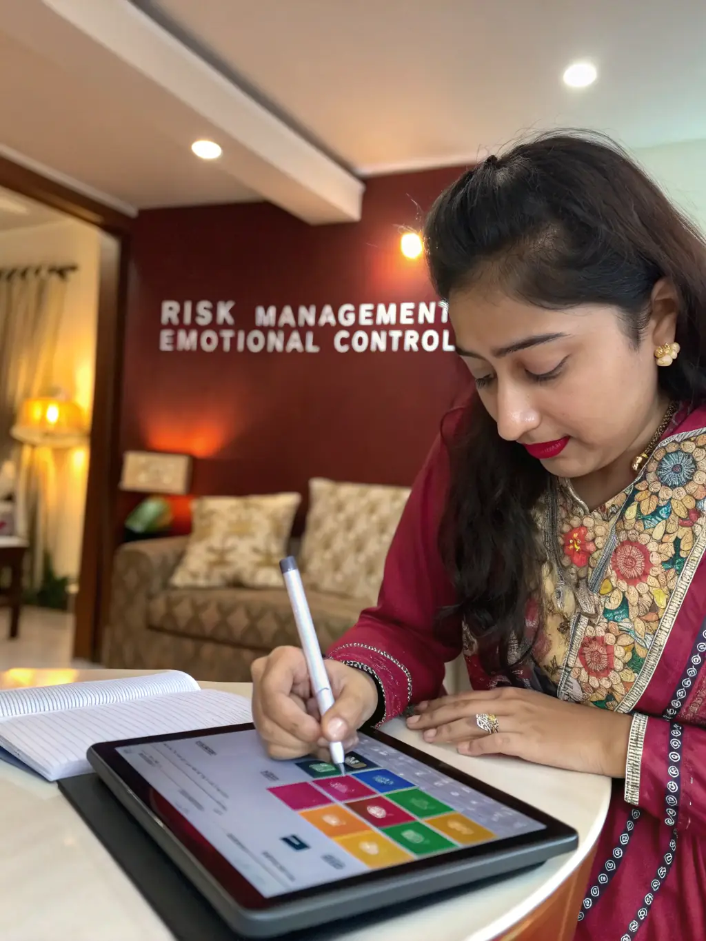 An Indian mobile app developer designing user interfaces on a tablet, creating innovative solutions for the mobile-first market in India.