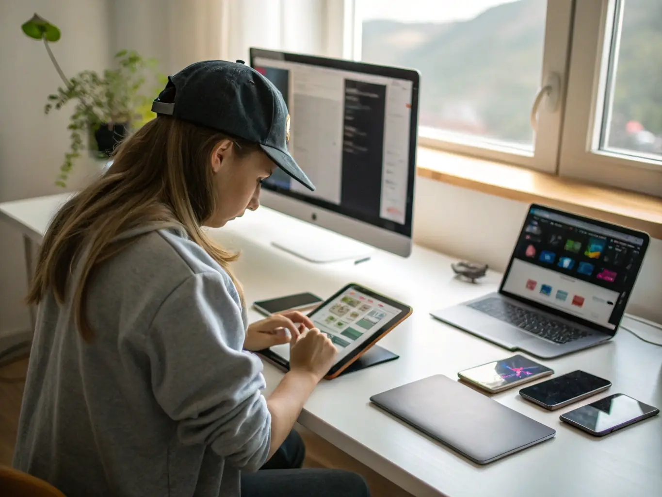 A mobile app developer designing user interfaces on a tablet, representing the Mobile App Development track at barflow.fun.