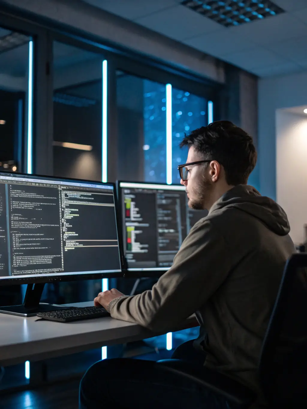 A professional Indian software developer working on a laptop in a modern office, coding with focus and determination, reflecting a successful career in web development.