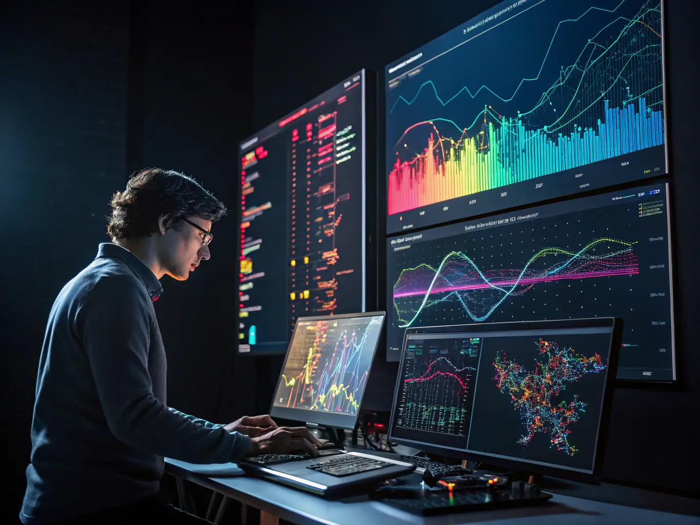 A data scientist analyzing complex datasets on a computer screen, symbolizing the Data Science track at barflow.fun.