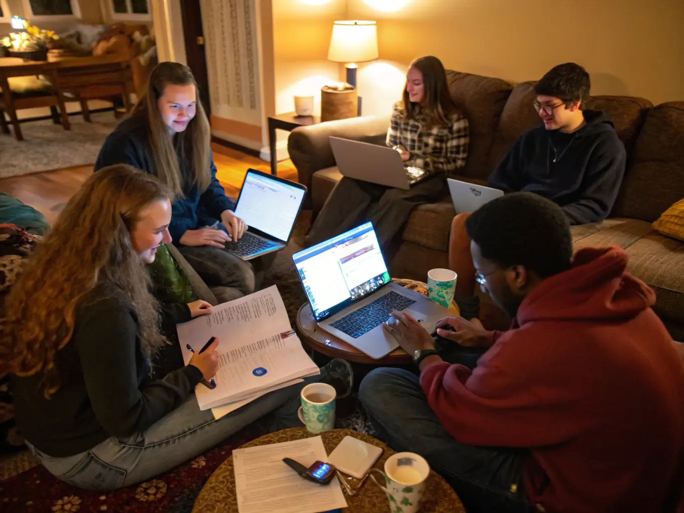 A group of students participating in a virtual study group, discussing programming concepts and sharing resources. They are all smiling and engaged in the discussion.