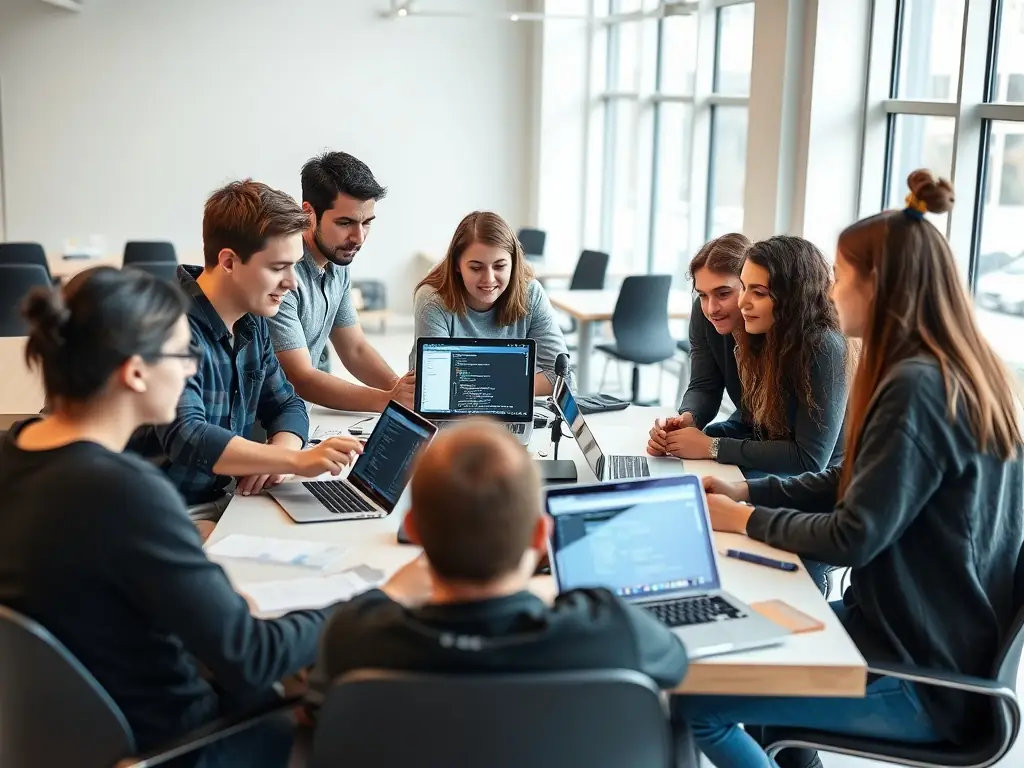 A diverse group of Indian students collaborating on a coding project in a modern, brightly lit co-working space, reflecting the collaborative spirit of the barflow.fun community.